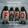 Picture of Penguins with FAFO and the caption Fuck Around and Find Out, You Orange Shithead