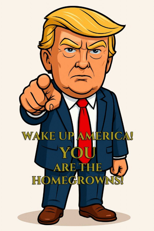 Trump points finger directly at you with the caption: WAKE UP AMERICA! YOU ARE THE HOMEGROWNS!