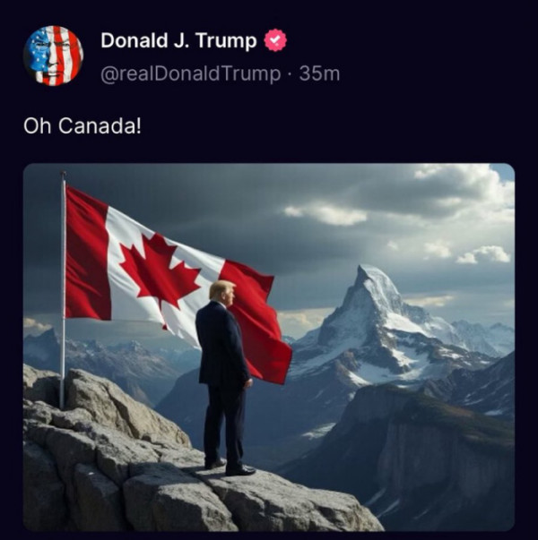 Picture of trump in Switzerland with a Canadian flag.