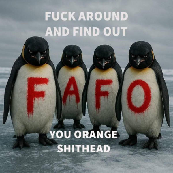 Picture of Penguins with FAFO and the caption Fuck Around and Find Out, You Orange Shithead
