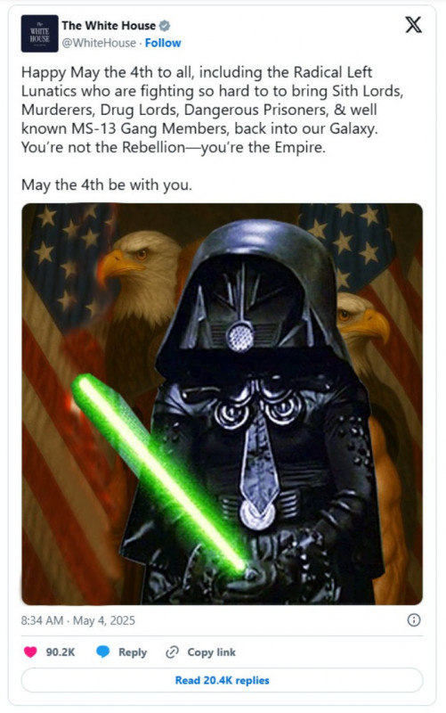 Mocking the White House may 4, star wars post, trump as Spaceballs Darth Vader.